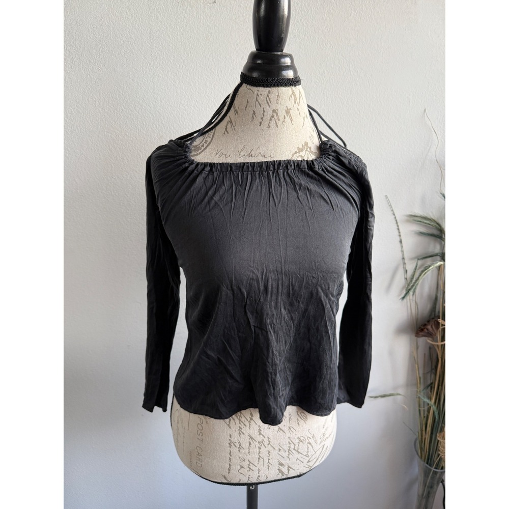 A.L.C. Women Black Silk Blend Gathered‎ Square Neck Long Sleeve Top 0 5TOPS01120